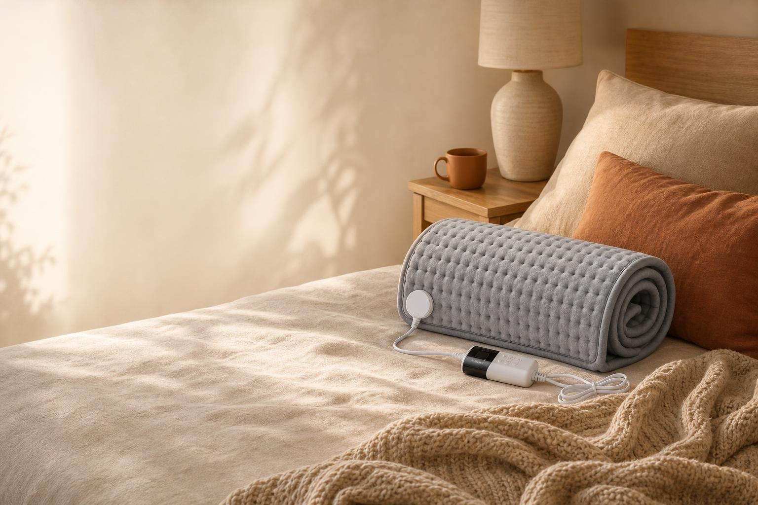 Almohadilla Sedelune sobre una cama con una manta de punto