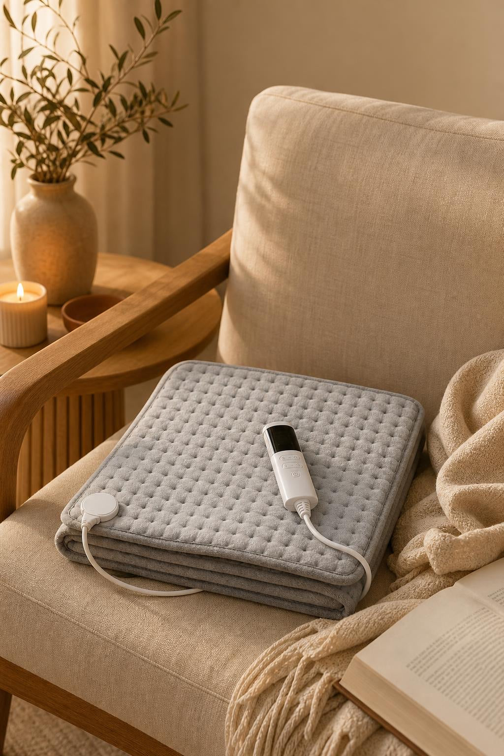 Almohadilla Sedelune doblada sobre un sillón junto a una vela